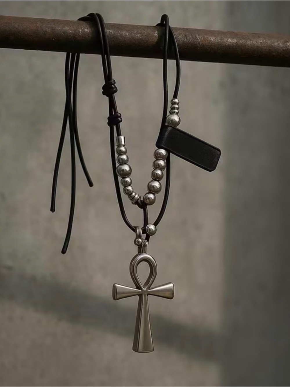 High Quality Black Leather Cord Necklace with Silver Ankh and Bead Accents